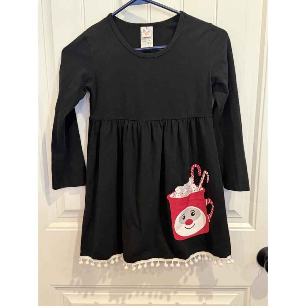 Mia Belle Girls 7/8 Christmas Dress Black Santa Cocoa Candy Cane Pom Pom Holiday